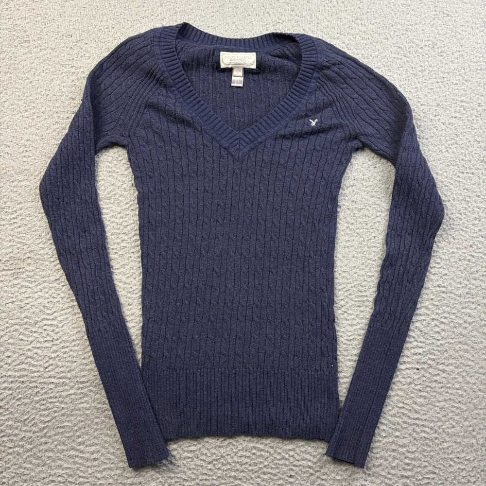 VTG Y2K American Eagle Women's Cable Knit V-Neck Sweater Navy Blue Small
